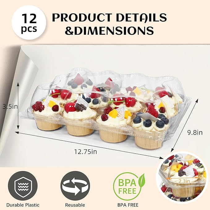 WIKDAY 12 Count x 12 Sets Plastic Cupcake Containers, Durable and BPA-Free Cupcake Holder with Lid for Easy Transport Storage, Stackable Clear Cupcake Carriers, Reusable Dessert Boxes