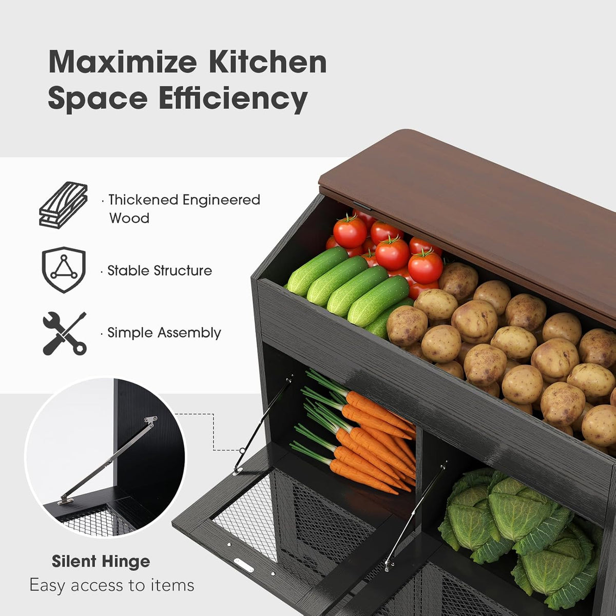 Patiorama Wood Potato and Onion Storage Bin Box, Large Vegetable Storage Box w/Lid,Wooden Bread Storage Bin w/4 Mesh Doors,Movable Bottom Drawer, Farmhouse Potato Storage Bins for Kitchen Pantry Black