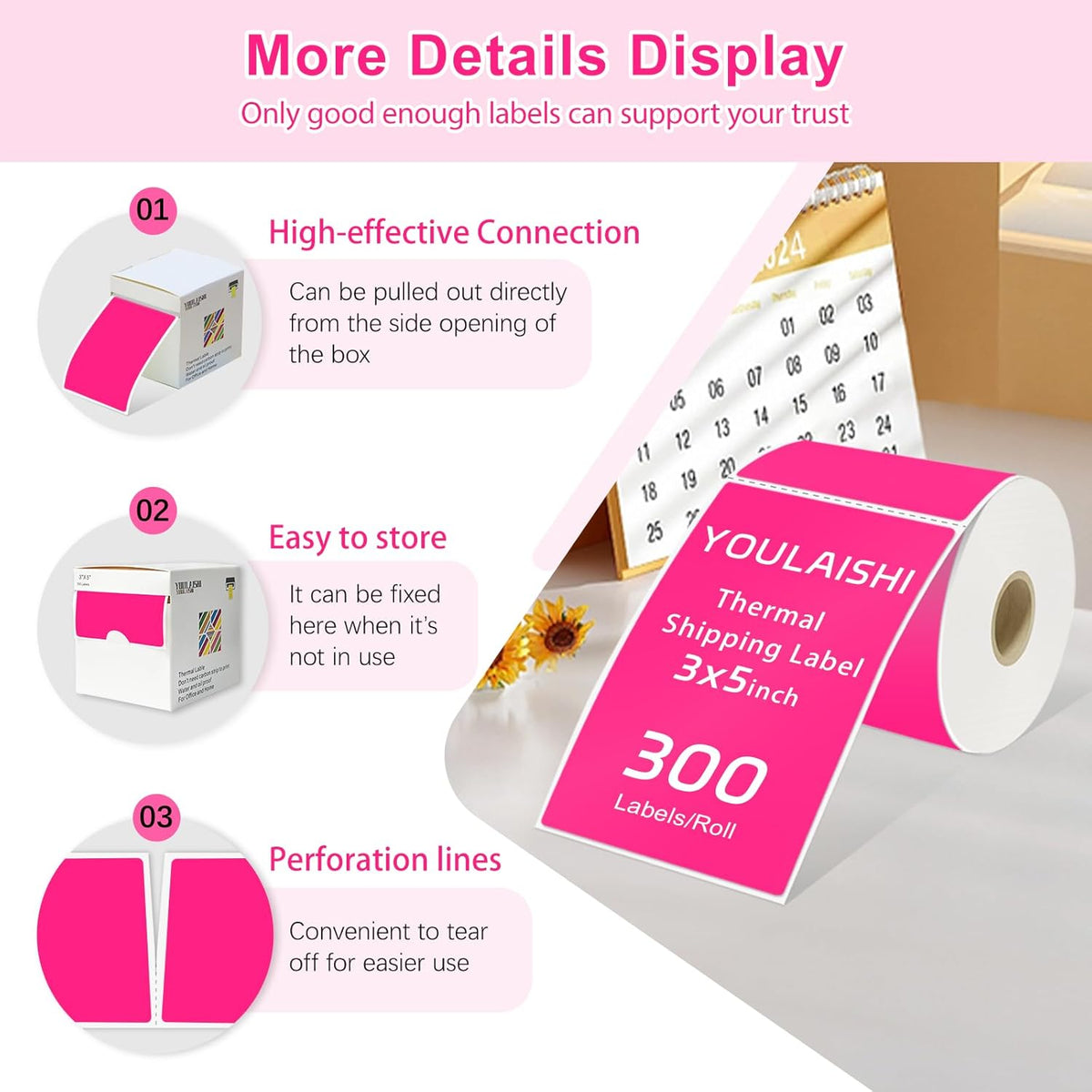 3 X 5 Inch Printable Waterproof Rectangle Color Coding Labels, 300 Per Roll Adhesive Color Coding Stickers for Bar-Codes, Address, Small Business Labeling, Fluorescent Pink