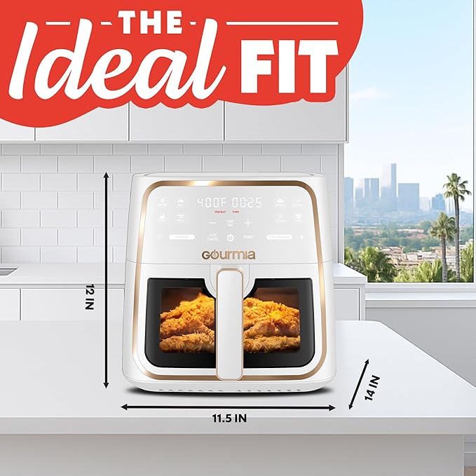 Gourmia 8 Qt Air Fryer, 8 Presets with Digital Display, FryForce 360° Technology, Easy View Window & Interior Light, Dishwasher Safe Basket, White
