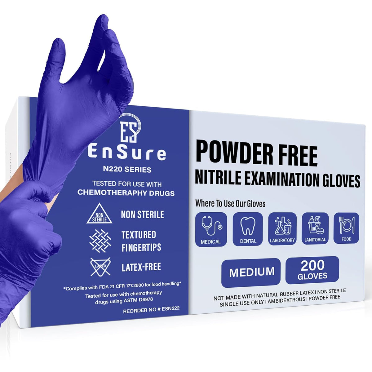 EnSure Nitrile Exam Gloves, Powder-Free, Latex-Free, Chemo Rated, Non-Sterile, Light Duty, Textured Tips, Medical, Surgical, Food Safe, Cleaning, Dental, Lab Use - 3 Mil (Medium, 200 Count)