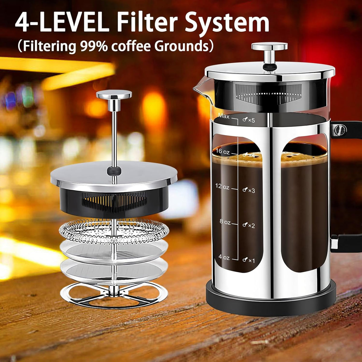French Press Coffee Maker (21oz 600ML 3-4Cup) Coffee Press, with 4 Filters System, Heat Resistant Thickness Borosilicate Glass, Cold Brew Coffee Tea Pot Gifts (Silvery)