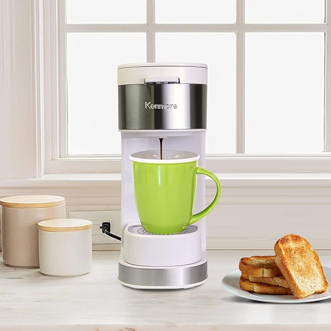 Kenmore Single Serve Coffee Maker – Compatible with Keurig K‑Cup Pods & Ground Coffee, One Cup Brewer, 6–12 Oz Brew Sizes, Travel Mug Friendly, Auto Shut‑Off, Hot & Iced Maquina de cafe, White