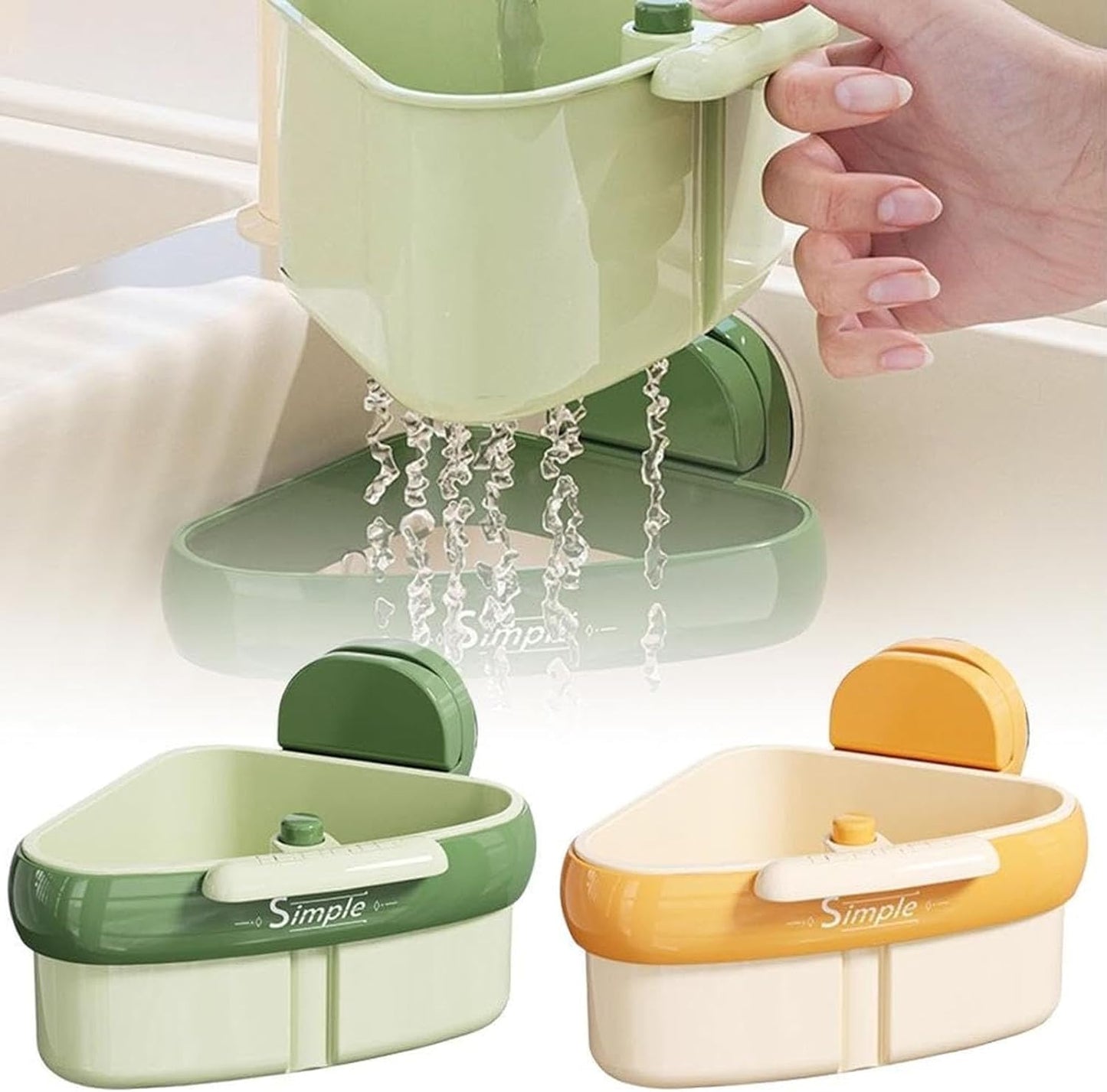 Suction Cup Sink Corner Rack, Curetoaway Corner Sink Strainer, Sink Trash Catcher, Plastic Triangular Baskets Corner Hanging, Rust Resistant, for Kitchen Food Waste (Yellow+Green)