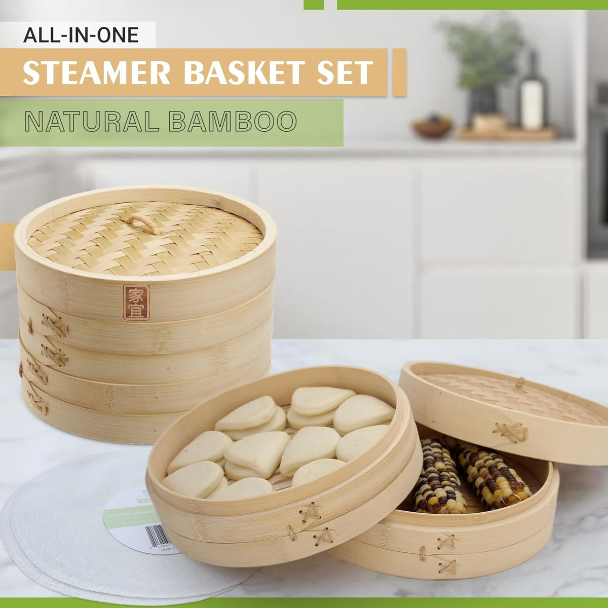 Zoie + Chloe Bamboo Steamer Basket - 2-Tier Dumpling Steamer for Cooking with 2 Reusable Cotton Liners for Bao, Dim Sum, Veggies, Asian Steamed Buns -Stackable, Space-Efficient - 8-Inch Steam Basket