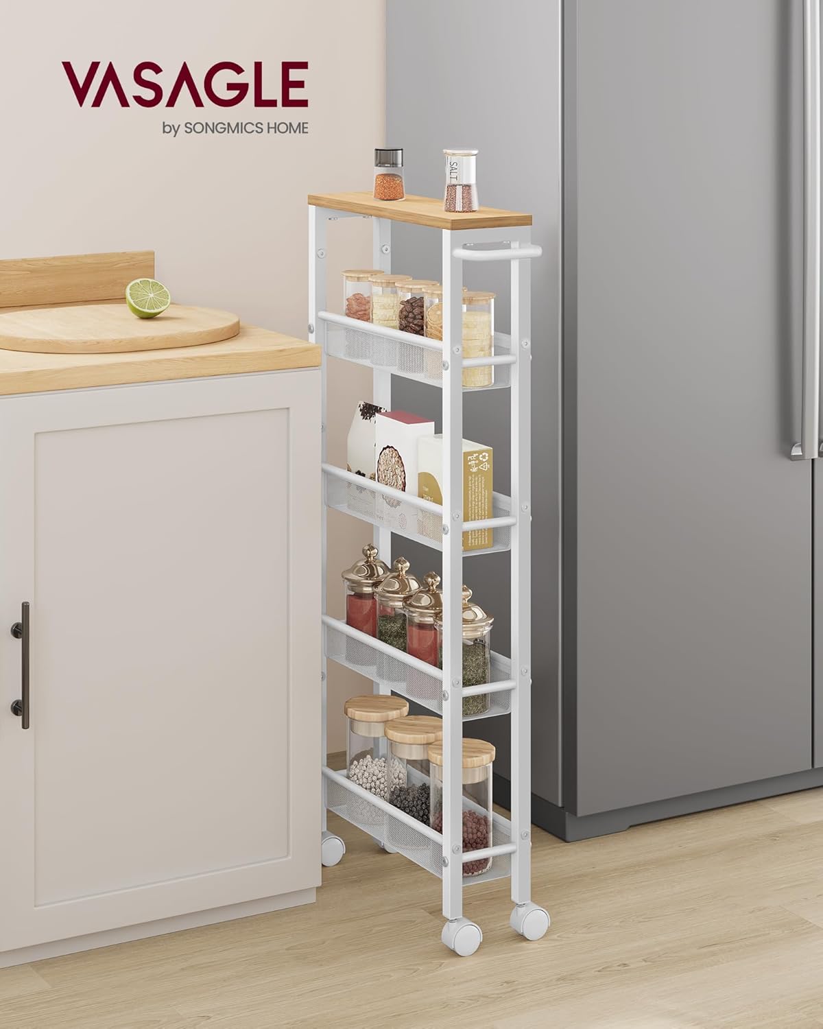 VASAGLE Slim Rolling Cart, 5-Tier Storage Cart, Narrow Cart with Handle, 5.1 Inches Deep, Metal Frame, for Kitchen, Dining Room, Living Room, Home Office, Oak Beige and Classic White ULRC034W09