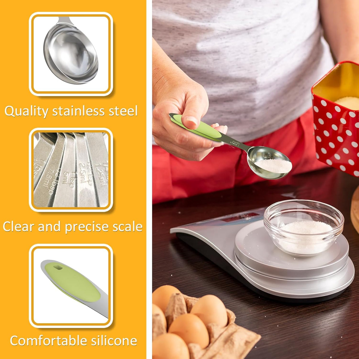 2PCS 1 Tbsp(3tsp, 1/2oz, 15ml) Single Measuring Spoon with Green Silicone Grip, Stainless Steel Individual Measure Scoop Only