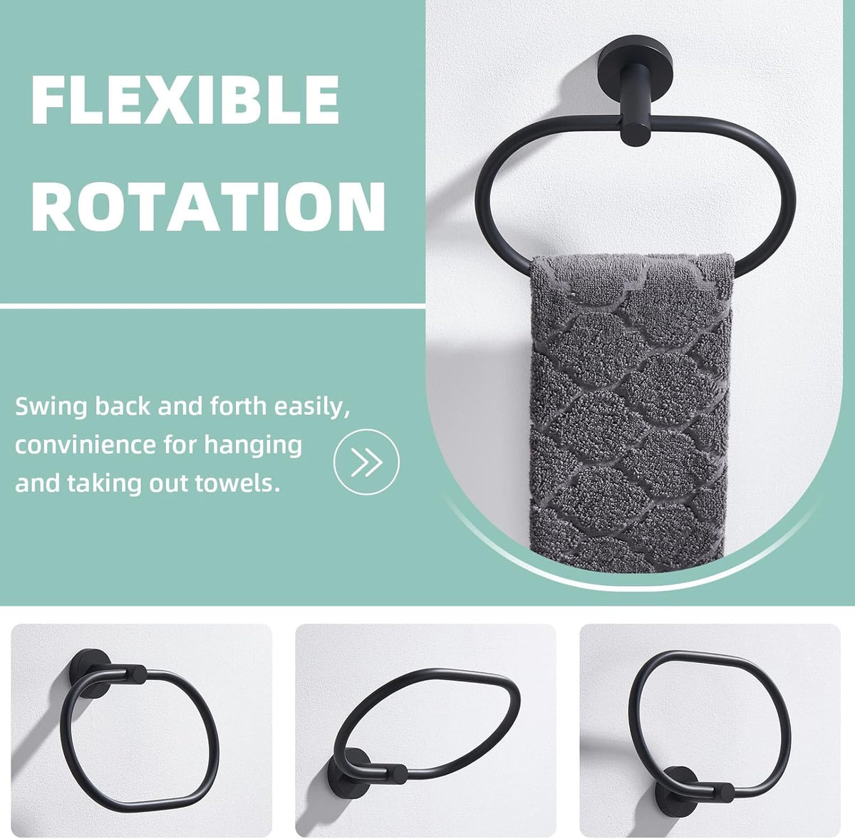 Suyar Matte Black Towel Ring, Stainless Steel Modern Swivel Hand Towel Holder for Bathroom Wall, Oval Shape