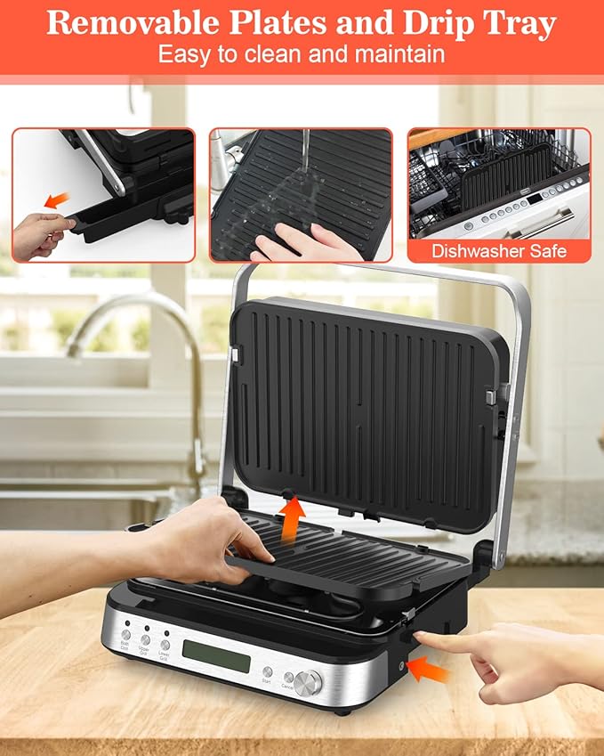 Panini Press Grill Sandwich Maker with Removable Plates, 1600W, 6 in 1 Indoor Grill with Meat Thermometer, Electric Contact Grills for Kitchen, Stainless Steel