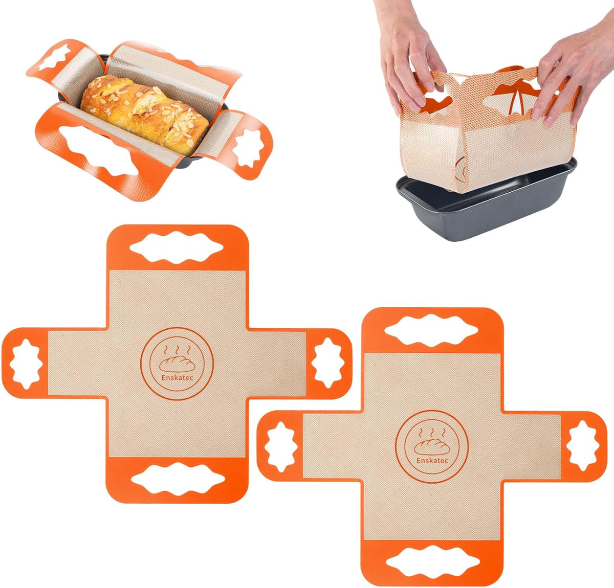 2 Pcs Reusable Silicone Bread Loaf Pan Liners, Food-Grade Silicone Bread Baking Mat with 4 Handles, Non-Stick & Heat Resistant Loaf Pan Lifters, Sourdough Sling for 9x5" or 1.5Lb Loaf Pans (Orange)