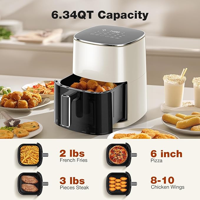 Sweetcrispy 6QT Air Fryer with Window, Square Airfryer Oven 12-in-1 for Family, 400°F Rapid Air Crispy Technology, Roast Bake Dehydrate, Nonstick & Easy-Clean Basket,Off-White