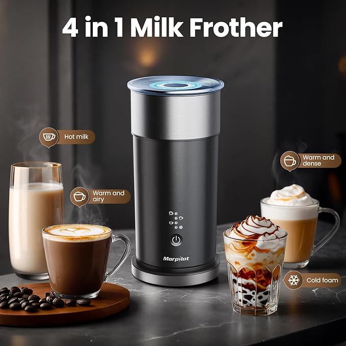 Electric Milk Frother and Steamer, 8.12oz/240ml 4 in 1 Milk Steamer Frother for Latte Cappuccino, Can Froth Both Hot and Cold Milk, Enjoy Perfect Milk Froth in 2 Min