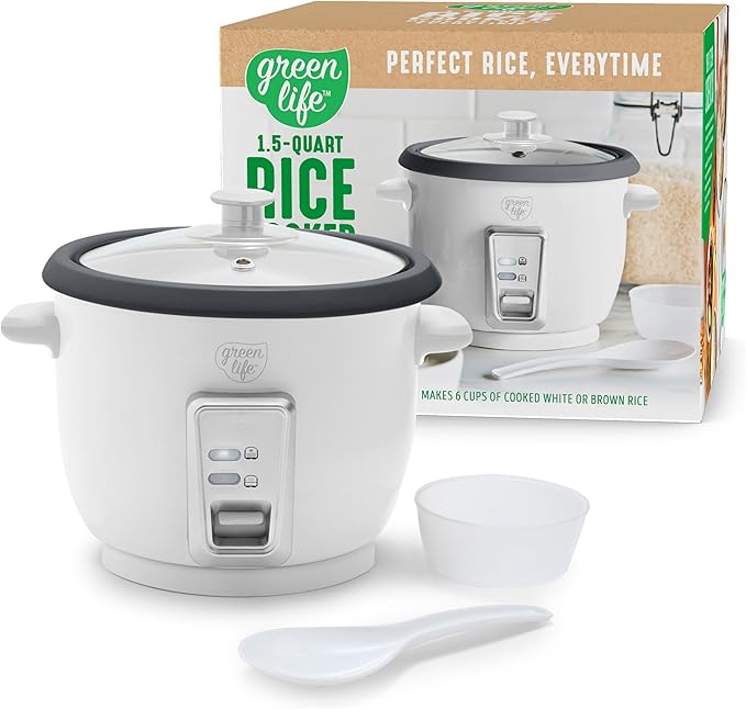 GreenLife Rice Cooker with Removable PFAS-Free Ceramic Nonstick Pot, 3-Cups Uncooked/6-Cups Cooked, Grains & Oatmeal Multicooker, Compact One-Switch Design, Auto Keep Warm, Easy Clean, White