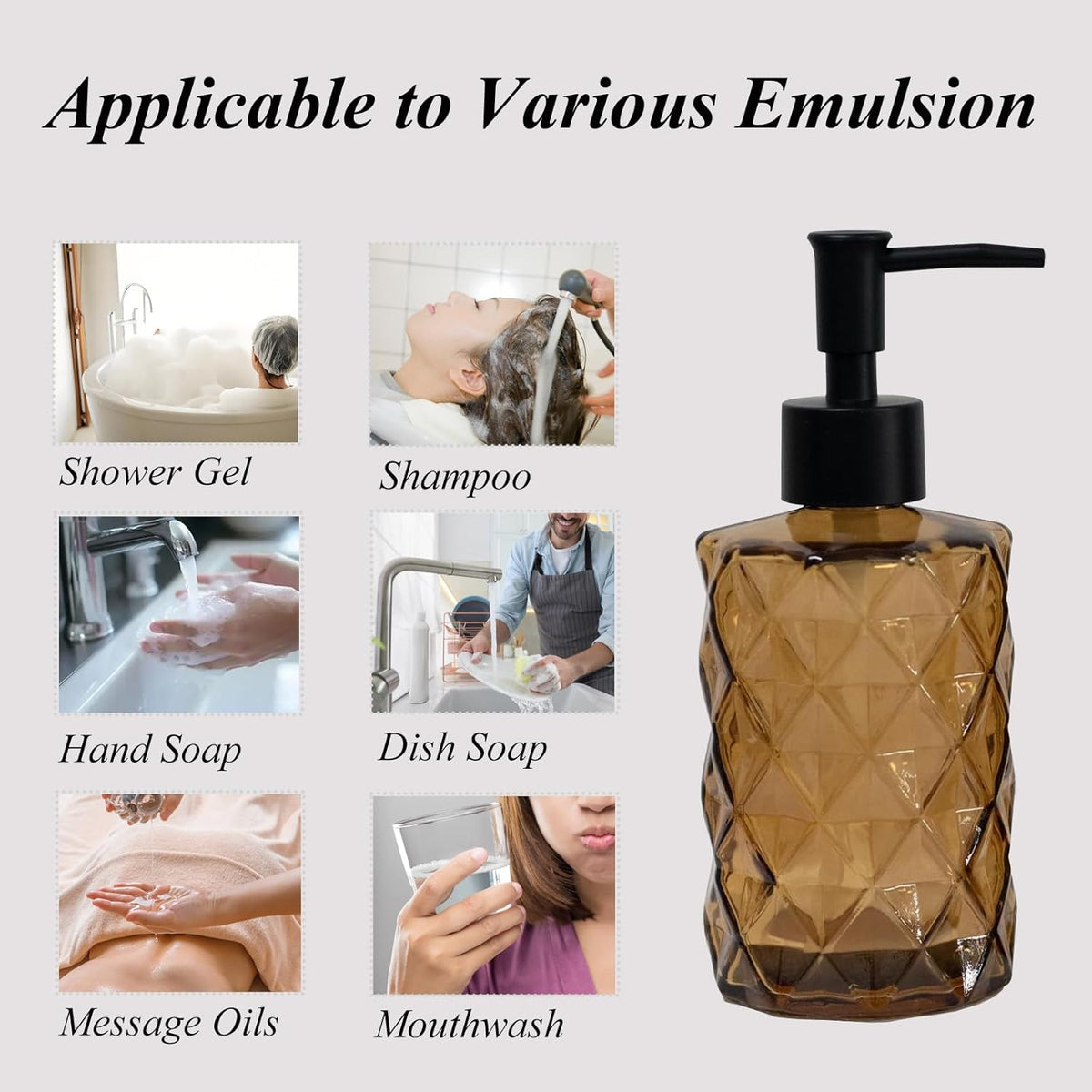 12Oz Small Glass Soap Dispenser with Black Plastic Pump, Brown Refillable Kitchen Countertop Liquid Hand Soap Dispensers with Diamond Design, Crystal Bathroom Lotion Bottle for Dispense Dish Soap