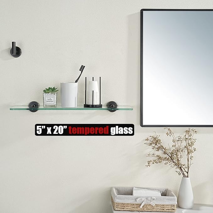JQK Bathroom Glass Shelf Oil Rubbed Bronze, Tempered Glass Shower Storage 20 by 5 inches, 304 Stainless Steel ORB Wall Mount, TGS101L20-ORB