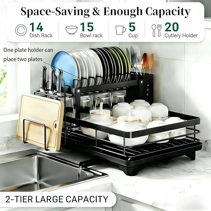 2 Tier Stainless Steel Dish Drying Rack with Auto-Draining Drainboard, Utensil Holder, Detachable & Space Saving Kitchen Counter Organizer, (Black),Chaos Coordinator Gifts