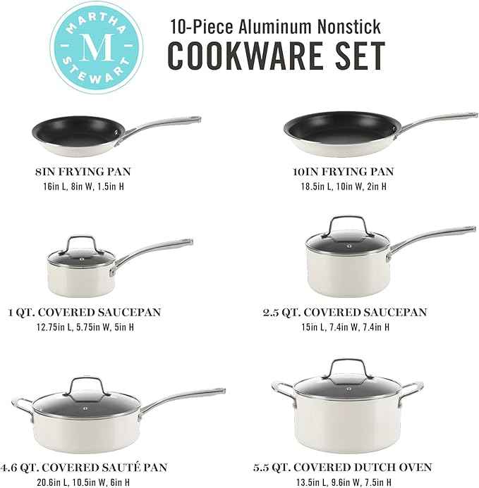 Martha Stewart Lockton Premium Nonstick 10 Piece Enamel Heavy Gauge Aluminum Pots and Pans Cookware Set - Linen White