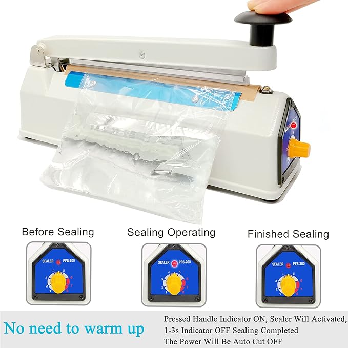 Impulse Heat Sealer 8 inch Mylar Bag Sealer, Heat Sealer for Plastic Bags, Metal Iron Shell, Impulse Sealer 3mm Sealing, Manual Hot Seal Machine with 8 Repair Kits(Included 2 Cutter Lines)