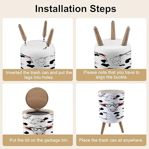 Trash Can with Lid Seamless Pattern Funny White Cow Pretty Cow Bow Press Cover Round Small Garbage Bin with Wooden Legs Waste Basket for Kitchen Bedroom Nursery 7L/1.8 Gallon