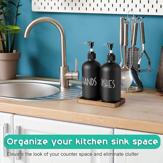 ALELION Black Dish Soap Dispenser Set for Kitchen - 16 OZ Hand Soap Dispenser with Pump and Acacia Wood Tray - for Black Kitchen Decor and Accessories