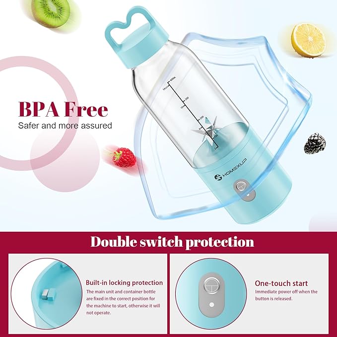 2PCS Portable Personal Blender 17 OZ/500 ML Juicer, 175W Personal Size Blender, Ideal for Smoothies, Ice Blending, Juicing, and Food Processing, Compact, Convenient, and Versatile（Blue&White）