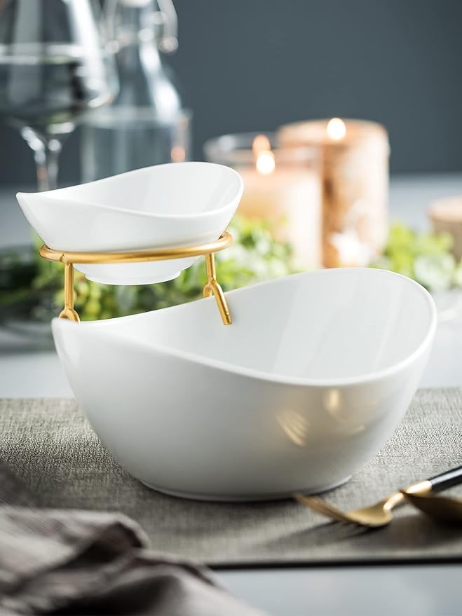 Miamolo Porcelain Serving Bowl Set for Appetizer Serving Dishes Set with 2 Compartment, Chip and Dip Taco Rack Display Salad Bar Serving Set, Gold Stand