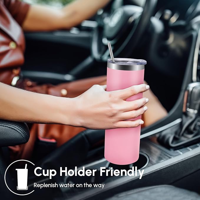 Volhoply 20 oz Skinny Tumbler with Lid and Straw, Stainless Steel Straight Tumblers Cup, Vacuum Insulated Coffee Mug for Home, Office, Travel, DIY (Pink,1 Pack)