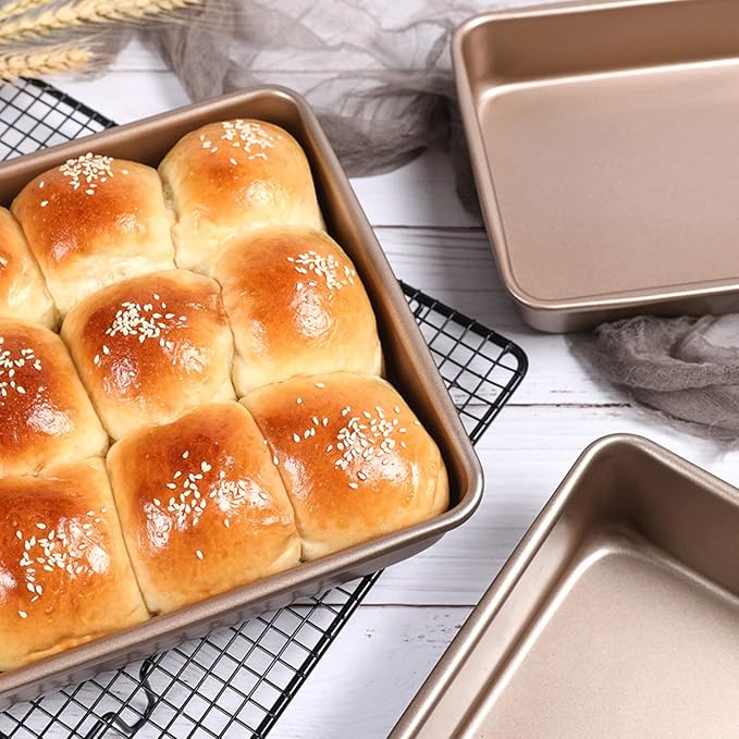 Deep Baking Pans Set Nonstick,Rectangle Cake Pan,Stackable Bakeware Set of 3,Oven Trays for Baking,Gold(9''/11''/13'')