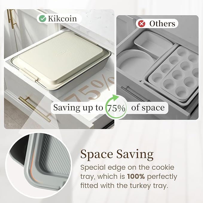 Kikcoin 25 PCS Stackable Baking Pans Set, Non-stick Bakeware Sets with Silicone Handles, 450°F Oven Safe Cookie Sheets for Baking, Easy Release Heavy-duty Baking Sheets Non Stick, Cream