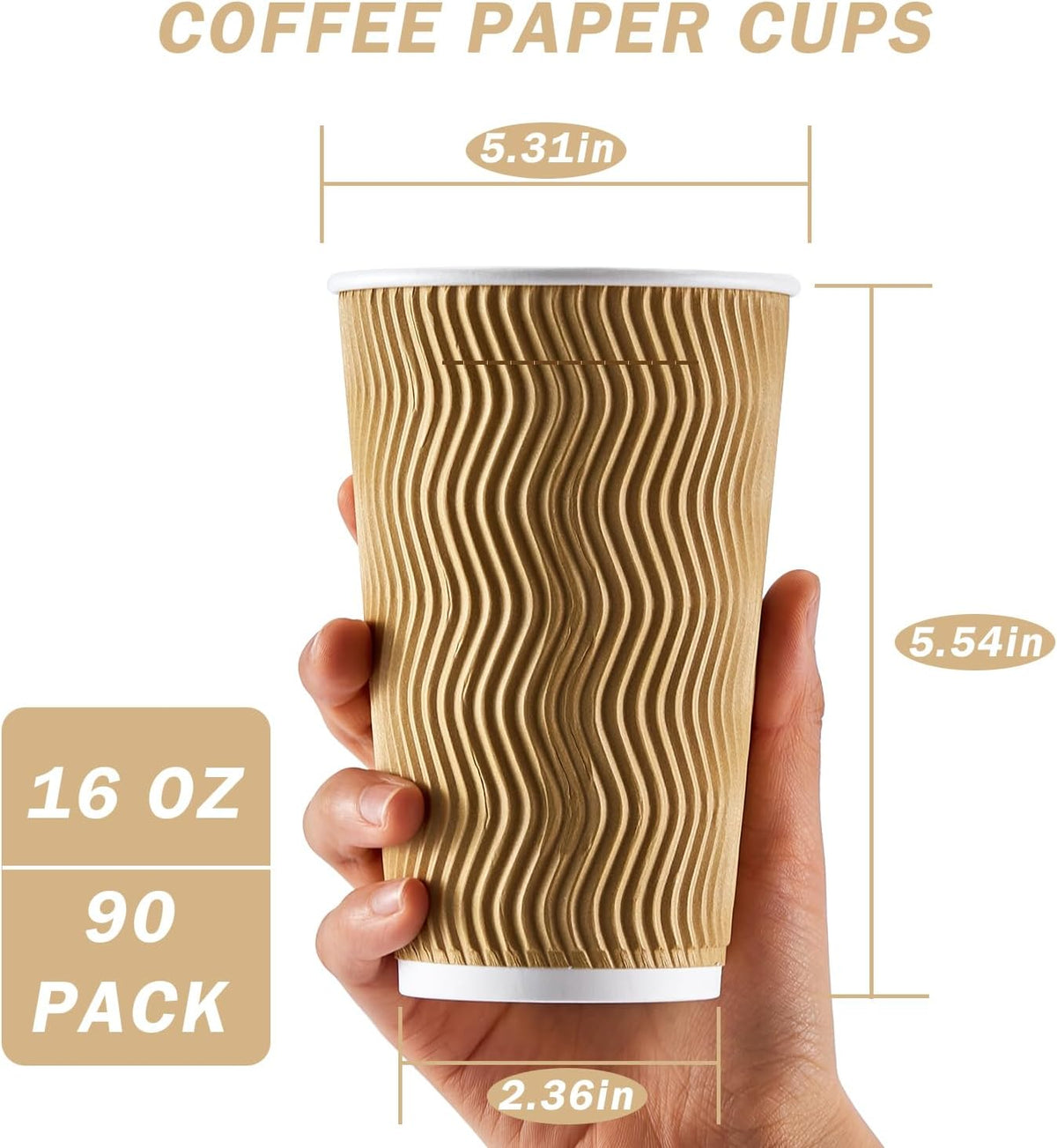 90 Pack 16 oz Disposable Coffee Cups No Lids, Champagne Insulated Ripple Wall Paper Coffee Cups 16oz, Kraft Corrugated Beverage Paper Cups for Hot Chocolate, Home, Travel, Office, Tea