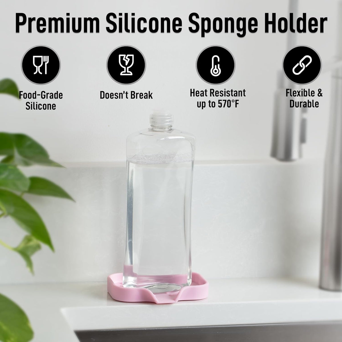 Zulay Kitchen Small Silicone Sponge Holder (4.9x3.3”) – Space-Saving Sink Organizer Tray for Sponge, Soap, Brush & More – Compact Non-Slip Dish for Kitchen & Bathroom (Pink)