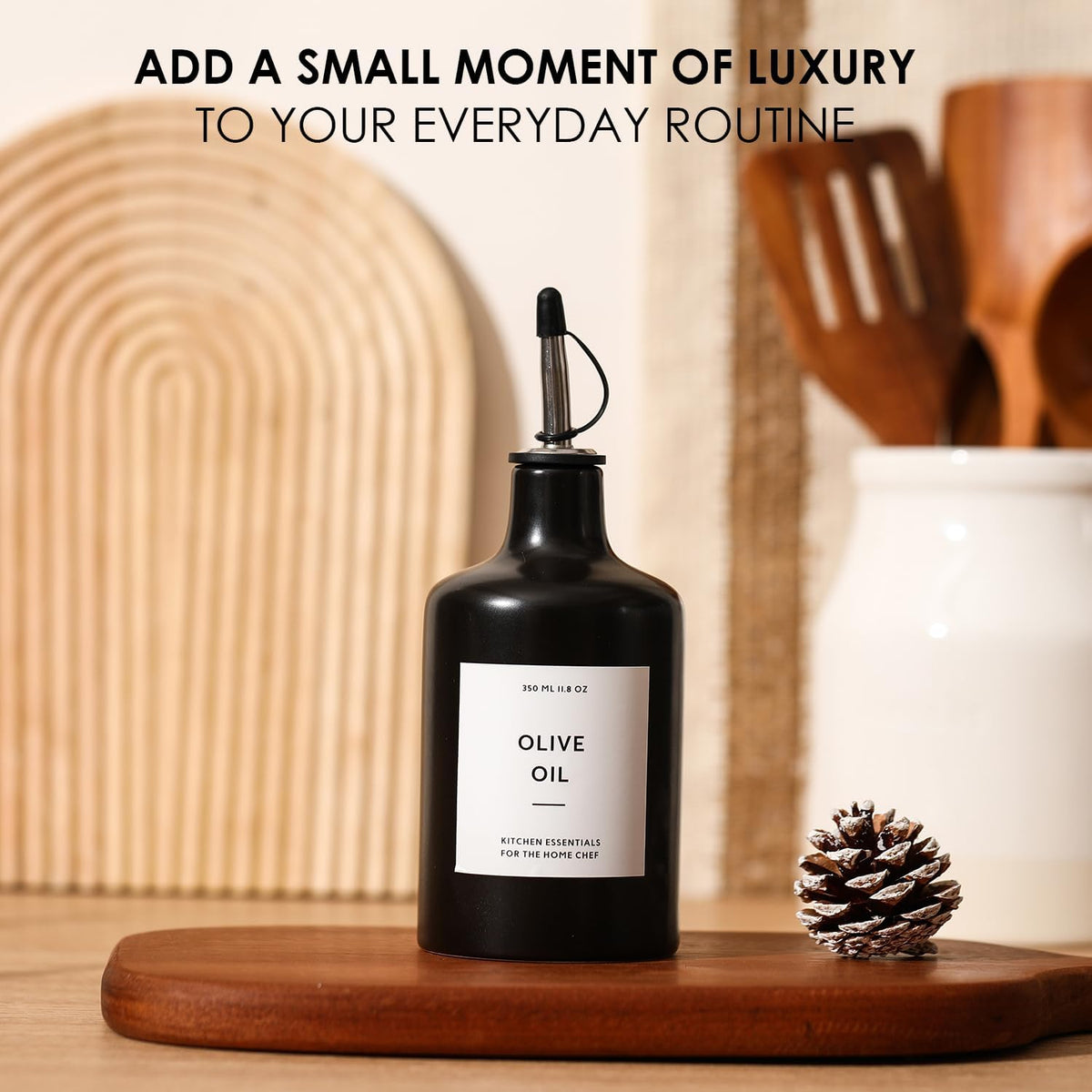 HOMCDALY Ceramic Olive Oil Dispenser Bottle, 16oz Oil Dispenser Bottle for Kitchen, Oil Container, Kitchen Oil Dispenser（Black）