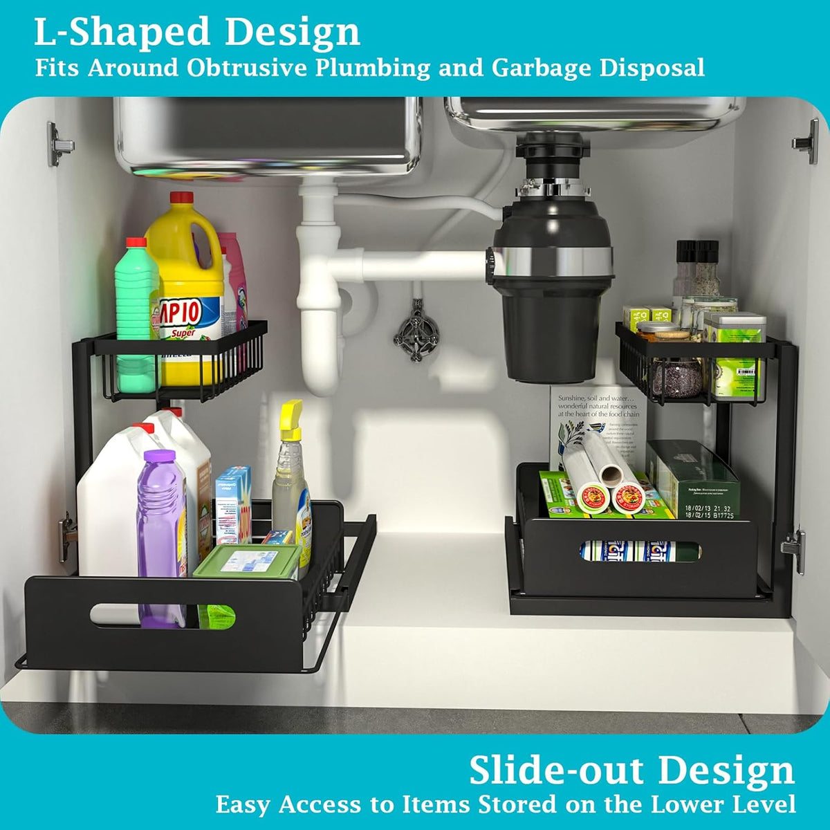 REALINN Under Sink Organizer, Pull Out Cabinet Organizer Slide Out Sink Shelf Cabinet Storage Shelves, Storages for Kitchen Bathroom, Black, 2 Pack