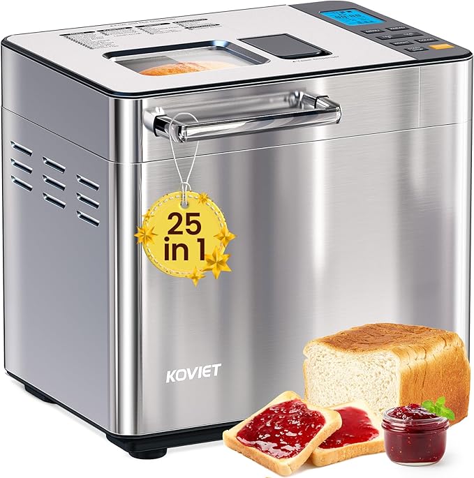 KOVIET 25-in-1 Bread Maker Machine with Automatic Dual Dispenser, 2LB Stainless Steel Breadmaker with Gluten-Free, Dough, Jam, Yogurt etc Settings, Silver