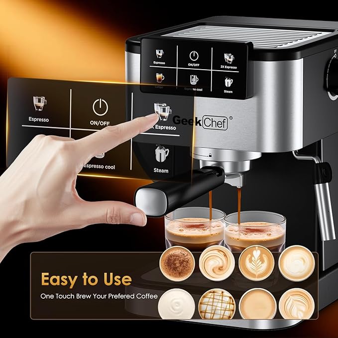 Geek Chef Espresso Machine with Milk Frother, 20 Bar Automatic Espresso Maker, Fast Heating Coffee Maker for Cappuccino, Latte & Iced Coffee, Easy to Use & Clean, for Home Barista