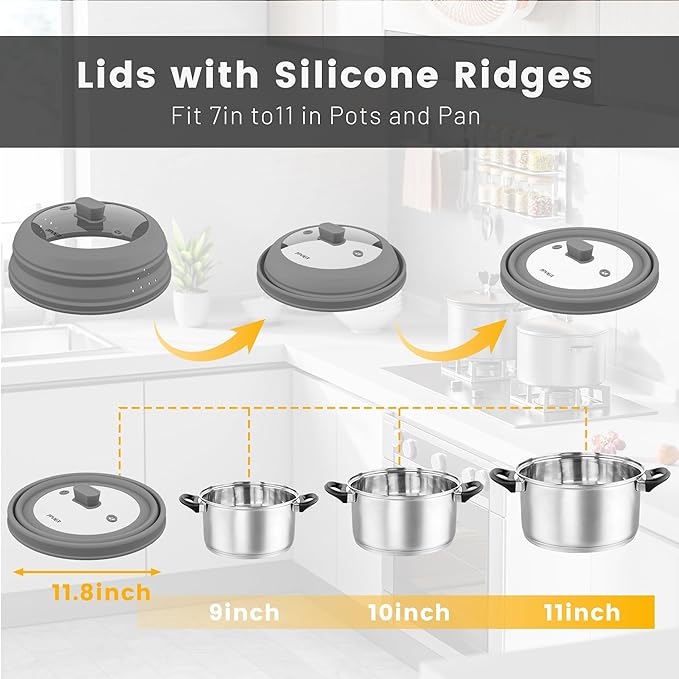 Microwave Splatter Cover, Vented Silicone and Glass Cover Splatter Guard Lid, Food Collapsible Plate Cover Lid with Easy Grip Handle. (Gray, 11.8 inch)