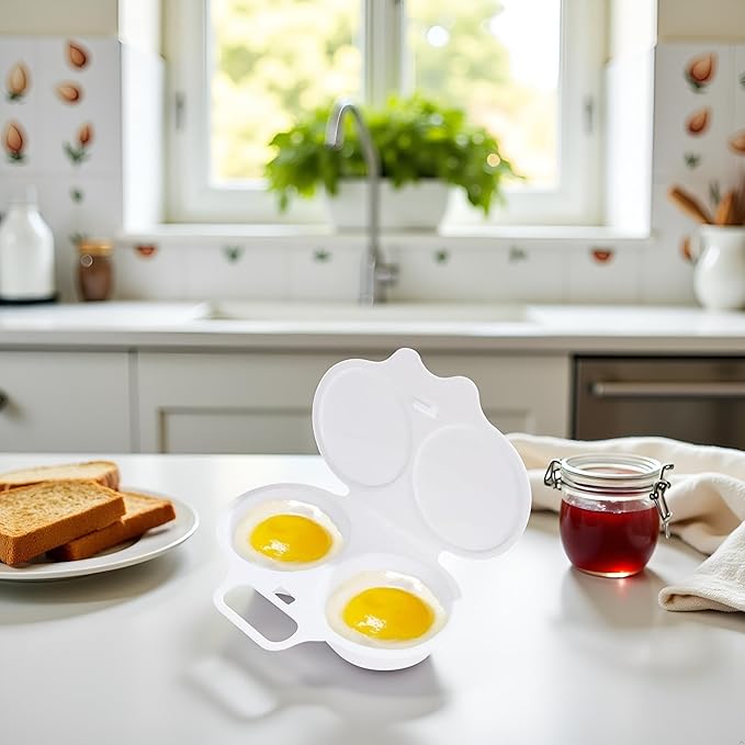 White Egg Poacher, Plastic Egg Boiler Poacher, 2 Cavity Nonstick Poached Egg Maker With Lid, Egg Poacher Microwave Egg Cooker, Drain Poached Egg Cups Cookware,Kitchen Dining Specialty Cookware