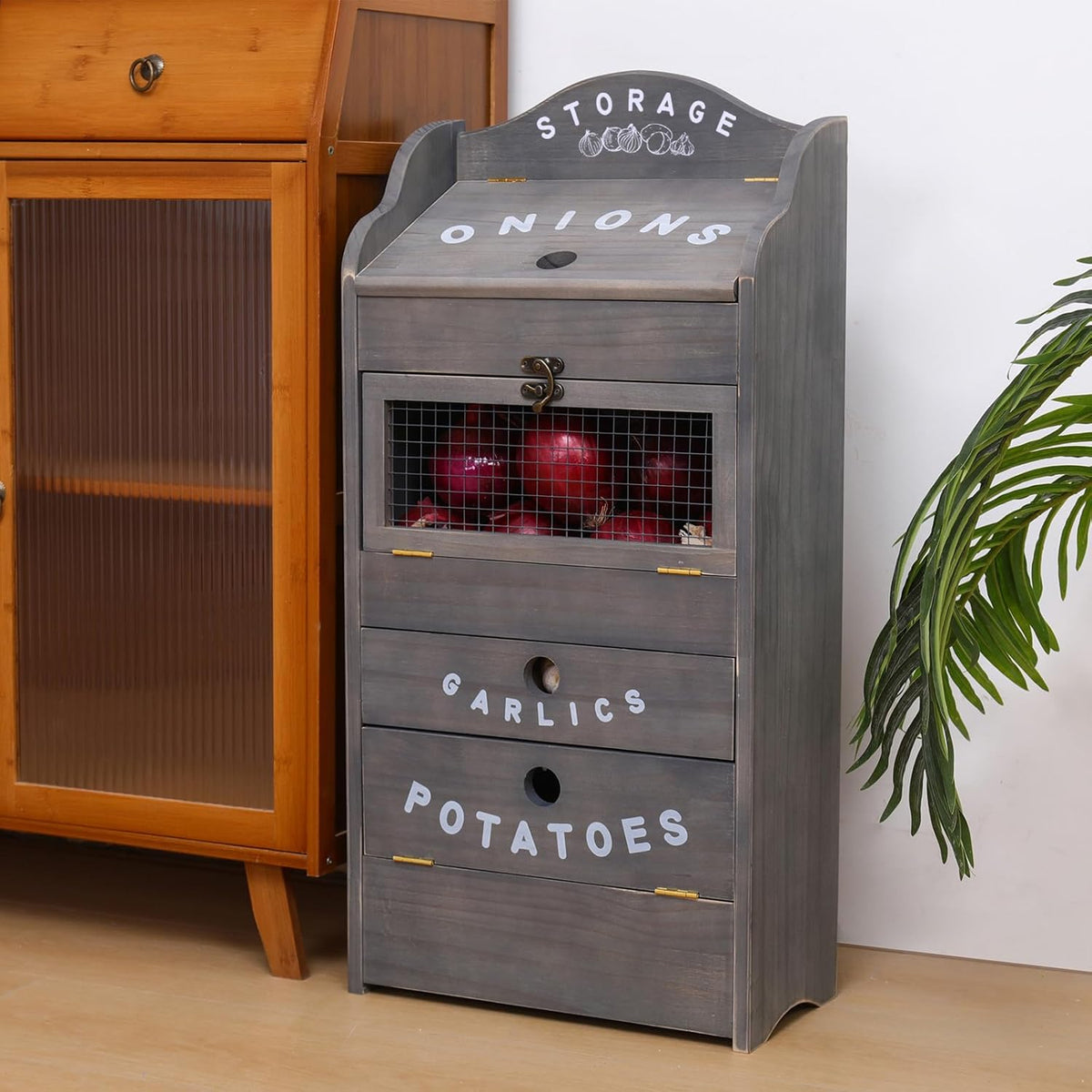 ARTAWEIN Potato Storage Bin Wall-mountable Potato Box with Lid Rustic and Garlic Drawer Onion Organizer with Grocery Section Decorative Vegetable Organization Cabinet for Kitchen