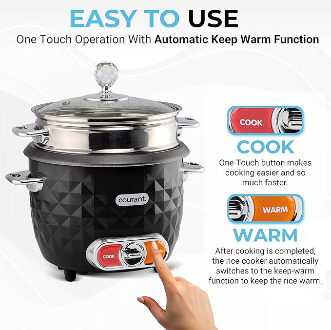 Courant 10-Cup (Cooked) / 5-Cup Uncooked Rice Cooker and Steamer with One-Touch Operation, Automatic Keep Warm Function, and Chrome Accents, Black