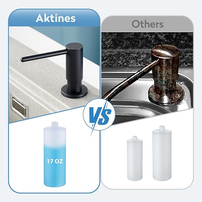 Kitchen Sink Soap Dispenser with 17 OZ Bottle and 40" Extension Tube Kit, Stainless Steel Built-in Soap Dispenser for Kitchen Sink or Countertop, in or Under Sink Installation, Matte Black