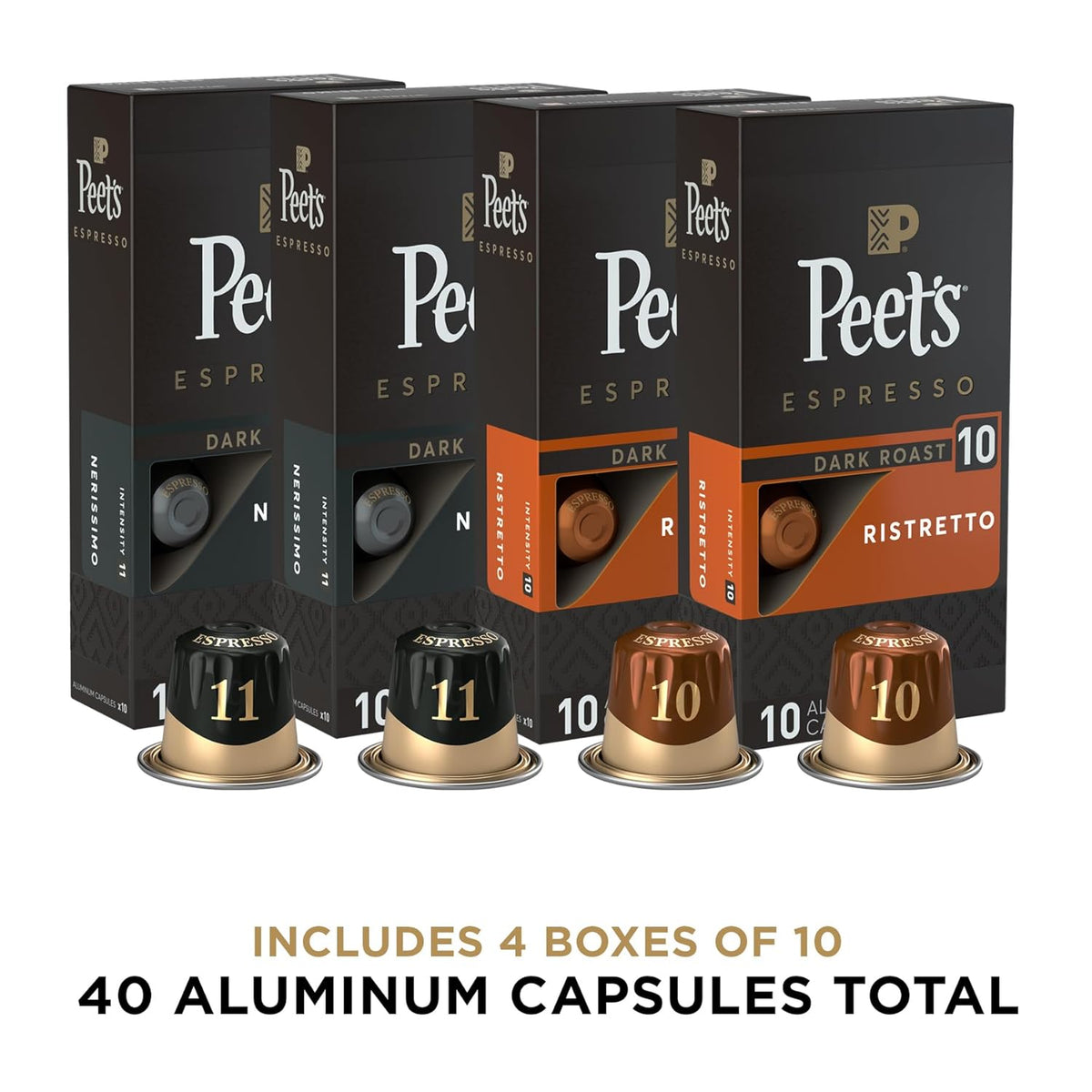 Peet's Coffee, Dark Roast Espresso Capsules Variety Pack, Compatible with Nespresso Original Machine - Intensity 10-11, 40 Count (4 Boxes of 10 Espresso Capsules)