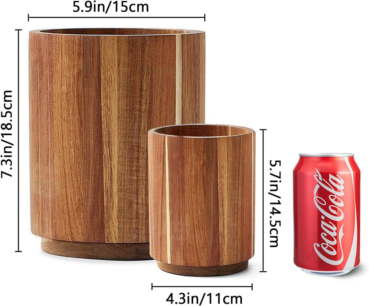 Acacia Wood Utensil Holder for Kitchen Counter, 360° Rotating 7.3"+5.7" Large Cooking Utensil Holder,Kitchen Utensil Crock for Countertop,Farmhouse Kitchen Decor,Spatula Holder Set of 2