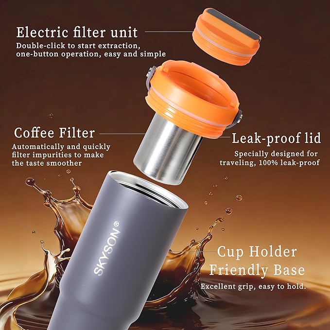 minkah Fast Extraction Mini Electric Coffee Maker - Portable Filter Coffee Brewer for Travel,Insulated Stainless Steel Tumbler,30 oz Reusable Iced Coffee Cup Machine,Hot Coffee Mug with Lid (Grey)