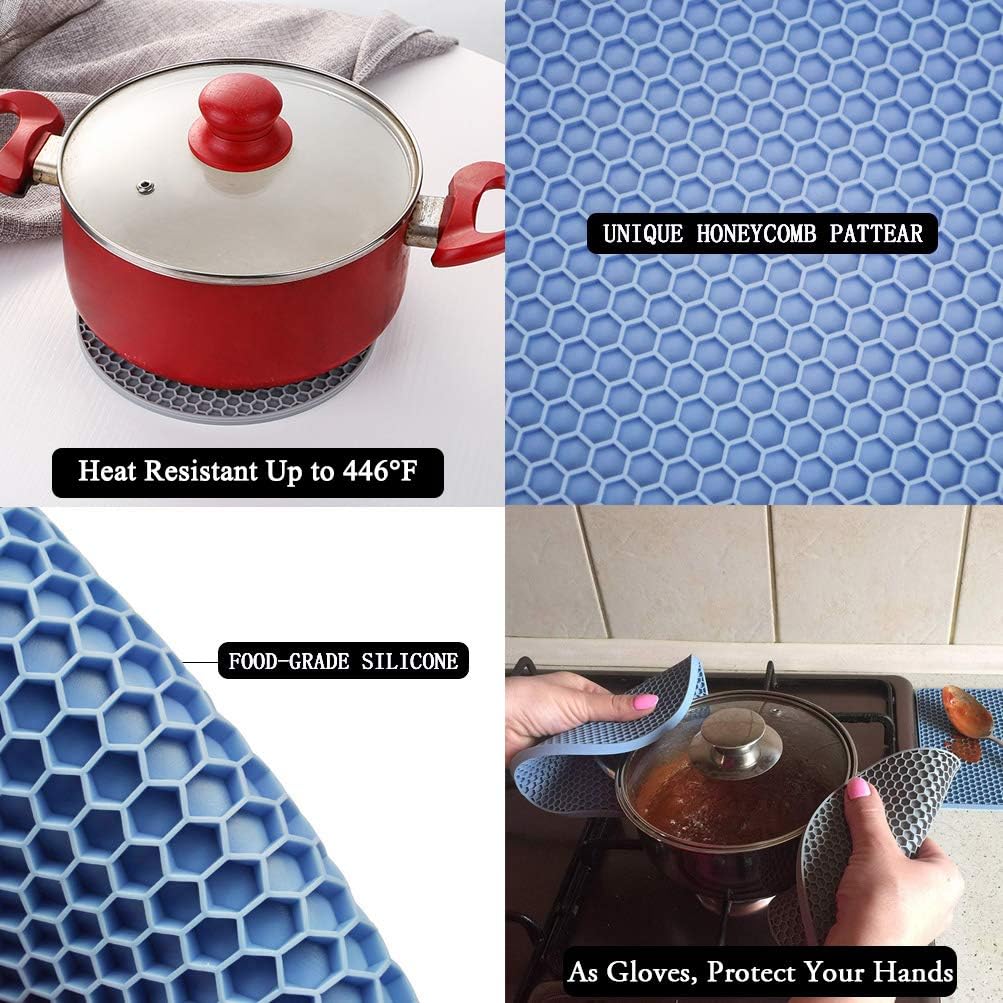Trivets for Hot Dishes, 4 Pack Silicone Hot Pads Pot Holders for Kitchen, Non-Slip Heat Resistant Silicone Mat for Countertops, Spoon Rest, Multipurpose Food Grade Thick Trivet(Gray& Blue)