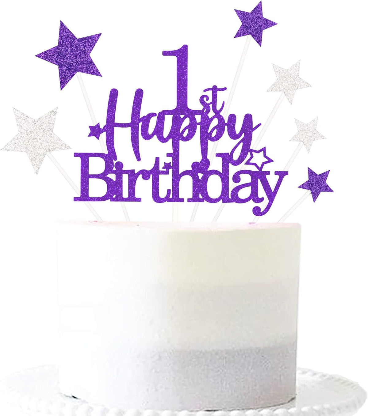 Glittery 1st Happy Birthday Cake Topper with Star,Personalised 1 Birthday Cake Toppers Party Decorations Party Supplies for Baby Boys Girls Purple Silver