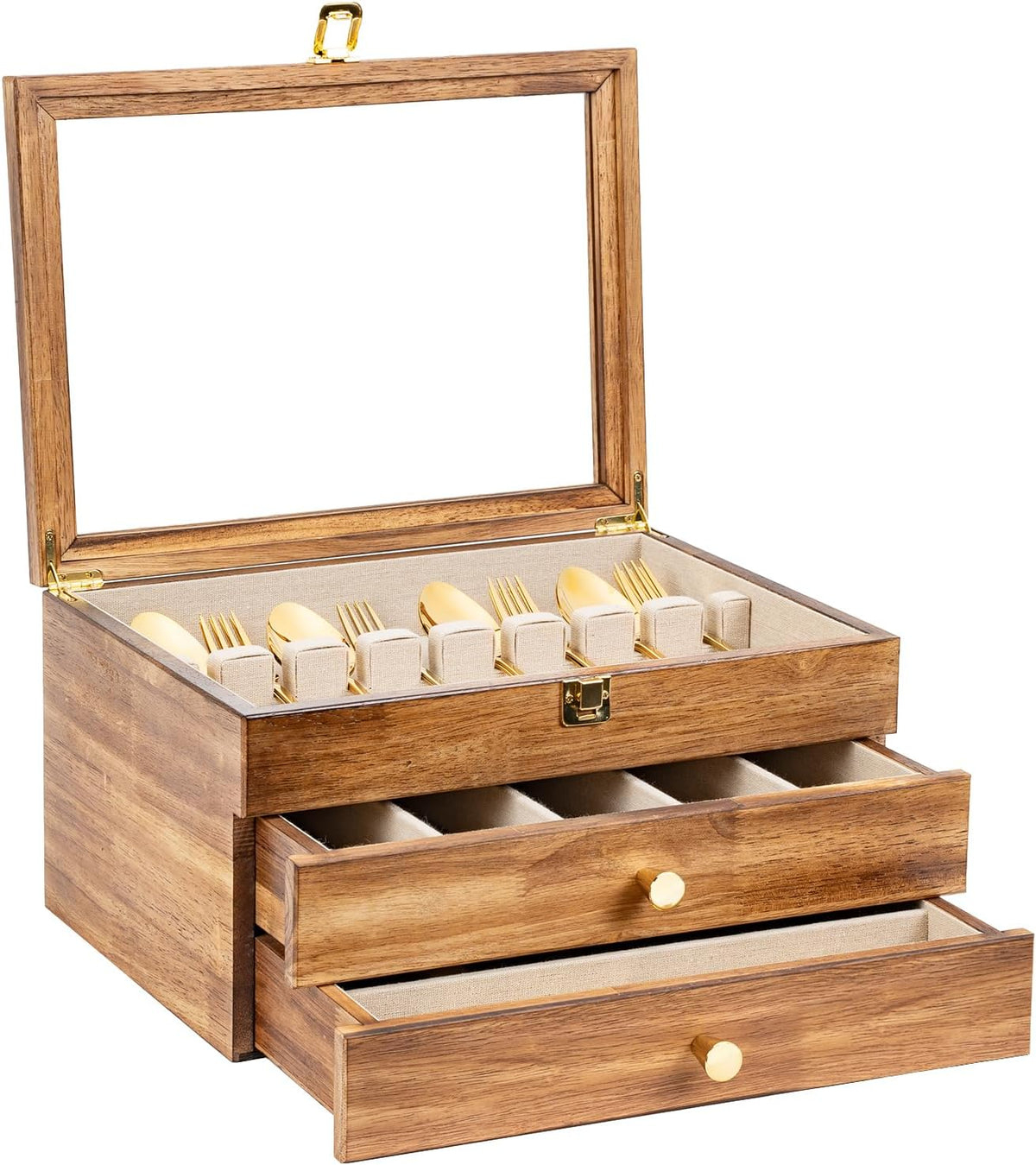 Silverware Box, 3-Layer Wooden Silverware Storage Box with Glass Lid, 14.5×10.6 Inches Vintage Style Decor Flatware Storage Case for Fine Flatware & Utensils, Gift Idea (Torched Wood)