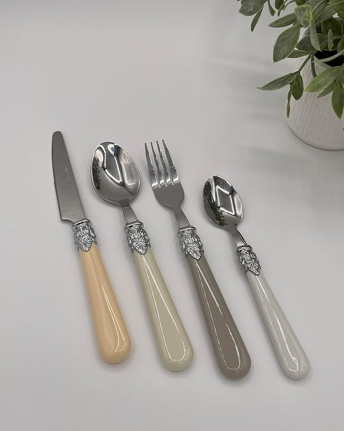 The Original Brink House Baroque Bone Mix & Match Stainless Steel Cutlery Set with Assorted Handles / 16 pieces with Metal Stand/Lifestyle utensils set for home, first apartment, dorm, fine dining