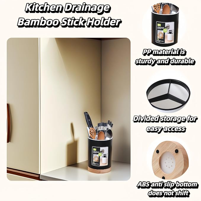 BUBBLE-FLY Modern Kitchen Utensil Holder with Drainage, Black and Wood Base, 3 Compartment Divided Organizer for Spoons Forks Knives, Countertop Caddy for Cooking Tools and Cutlery Storage- Non-Slip