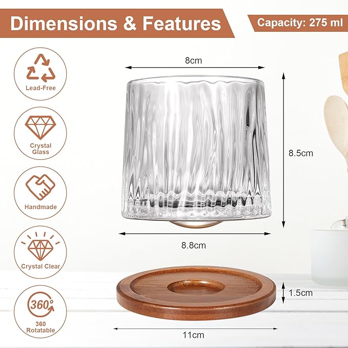Rotatable Old Fashioned Glass Cup, 275ml/10oz Crystal Whiskey Glass Set of 2, Wood Coaster, Thickening, Used as Rum Glass Cup, Cocktail, Coffee, Milk to Relax and Reduce Stress, Christmas gifts