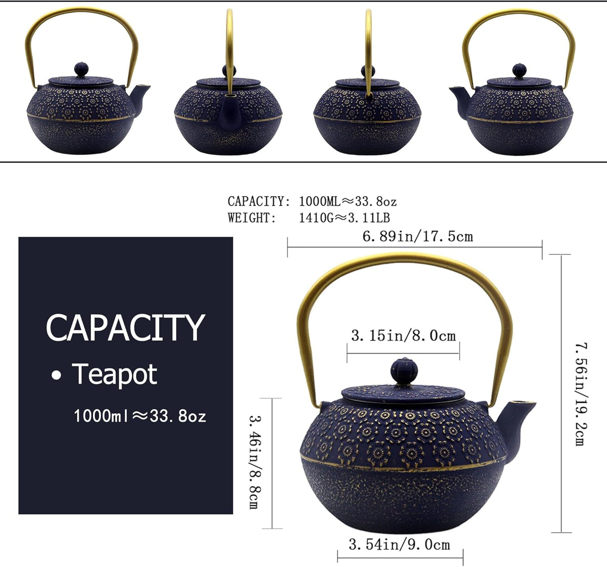 33.8oz Small Cast Iron Tea Kettle for Stovetop, Japanese Tetsubin Tea Pot Coated with Enameled Interior, Durable Cast Iron Teapot with Stainless Steel Infuser for Loose Tea and Tea Bags(1000ml)